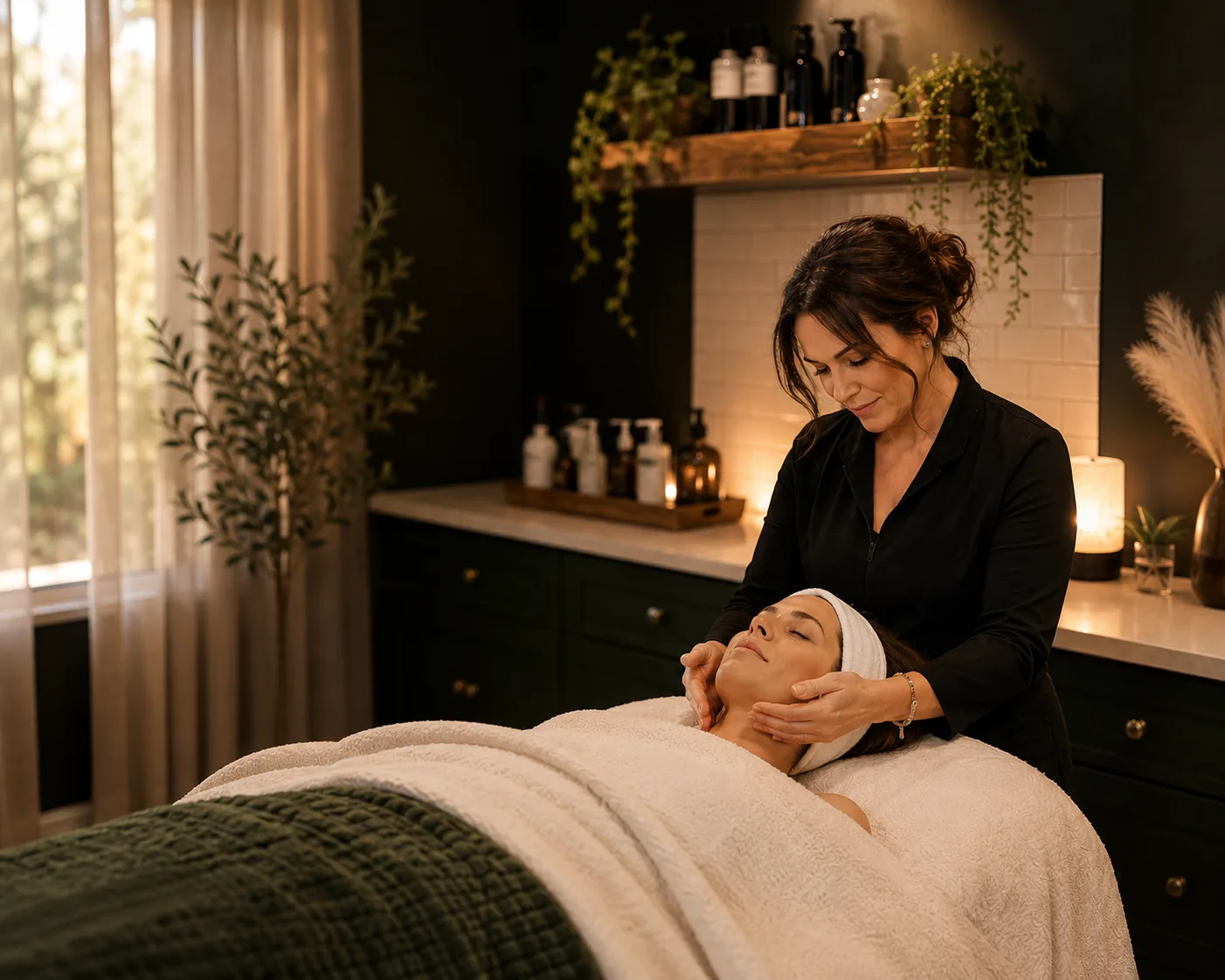 An esthetician performing a facial treatment in a calm, candlelit treatment room.